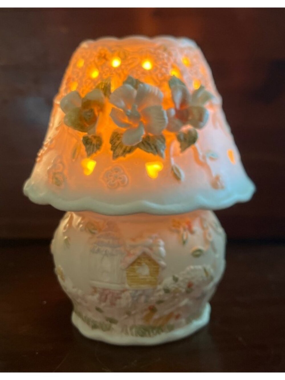 Vtg 90s Porcelain Bisque Fairy Lamp Candle Holder Birdhouse Pastel Florals